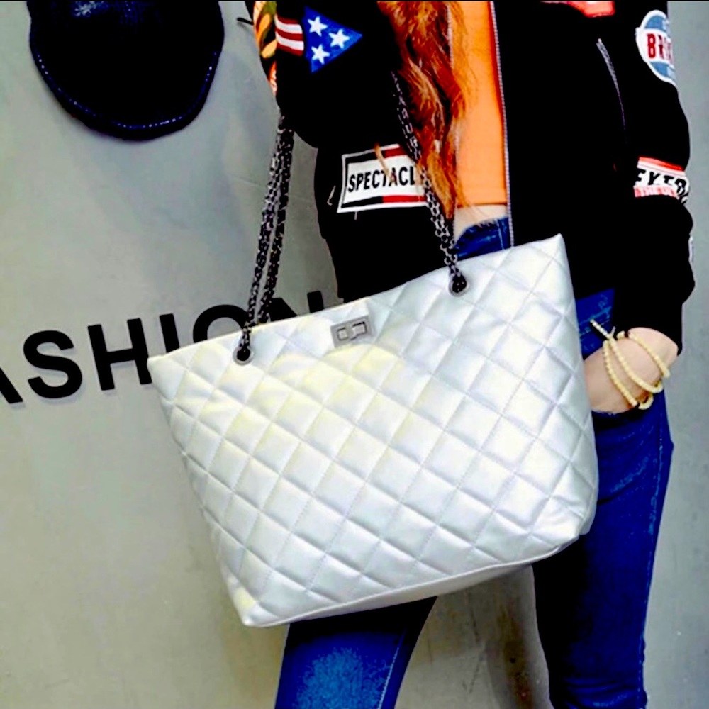 NEW Listing! White Quilted Faux Leather Tote